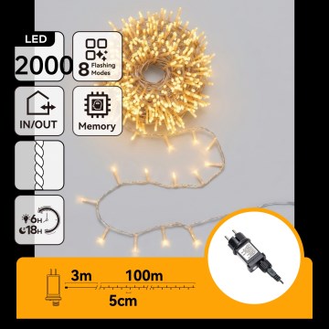Aigostar - LED āra Ziemassvētku virtene 2000 LED/8 funkcijas 103 m IP44 siltā balta