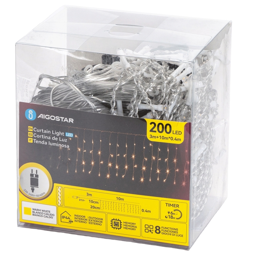 Aigostar - LED āra virtene 200xLED/8 funkcijas 10x0,4m IP44 siltā balta