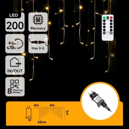 Aigostar - LED āra Ziemassvētku virtene 200xLED/6W/230V/8 režīmi 3x1m IP44 siltā balta + tālvadības pults