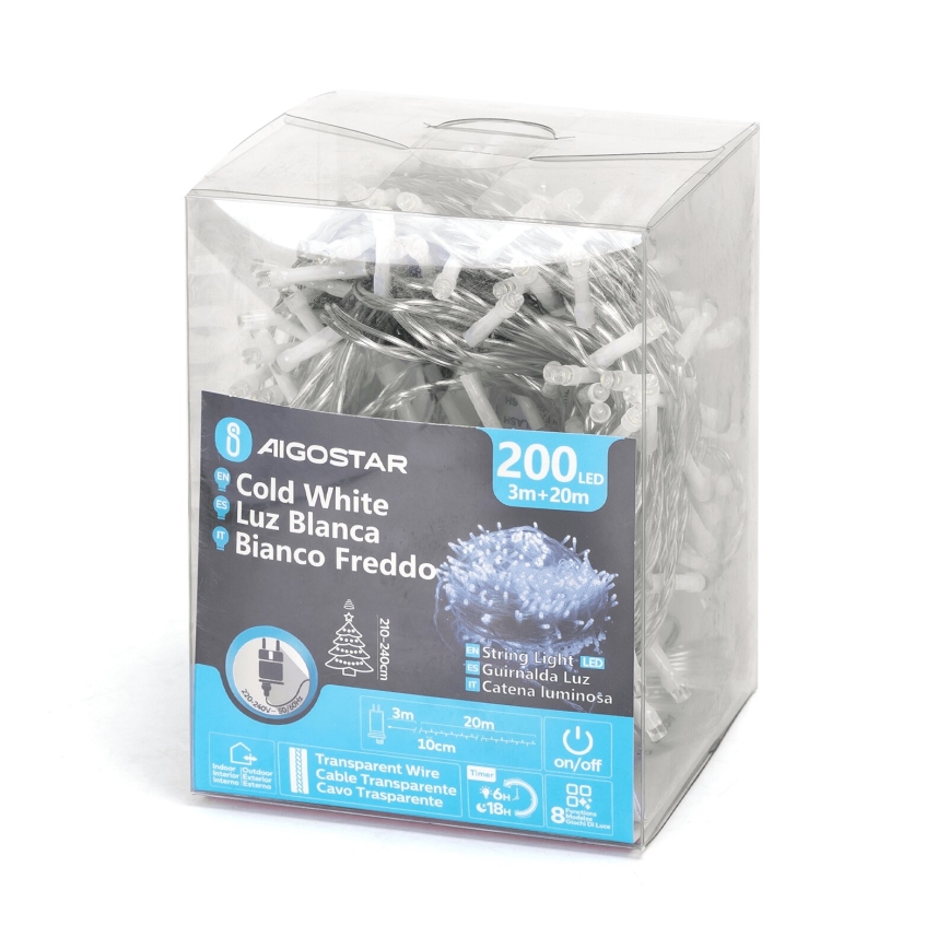 Aigostar - LED āra Ziemassvētku virtene 200xLED/8 funkcijas 23m IP44 auksti balta
