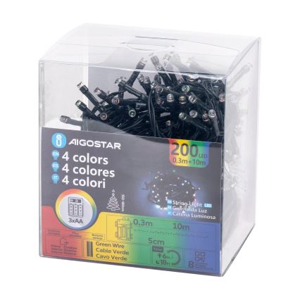 Aigostar -LED Āra Ziemassvētku virtene 200xLED/8 funkcijas 3xAA 10,3m IP44 daudzkrāsaina