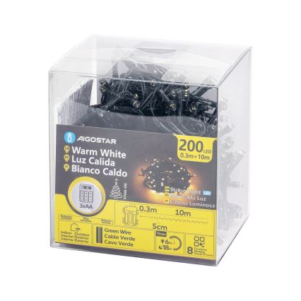 Aigostar - LED āra Ziemassvētku virtene 200xLED/8 funkcijas 3xAA 10,3m IP44 siltā balta