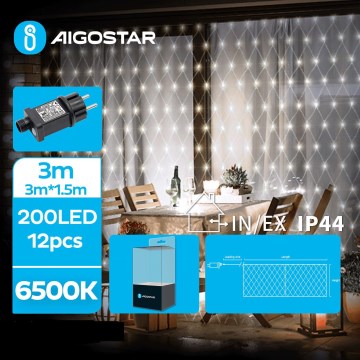 Aigostar - LED āra Ziemassvētku virtene 200xLED/8 funkcijas 6x1,5m IP44 auksti balta