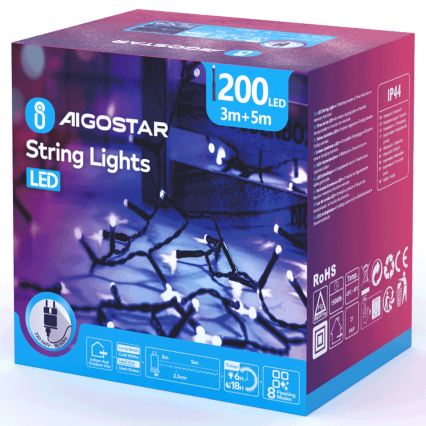 Aigostar - LED Āra Ziemassvētku virtene 200xLED/8 funkcijas 8m IP44 auksti balta
