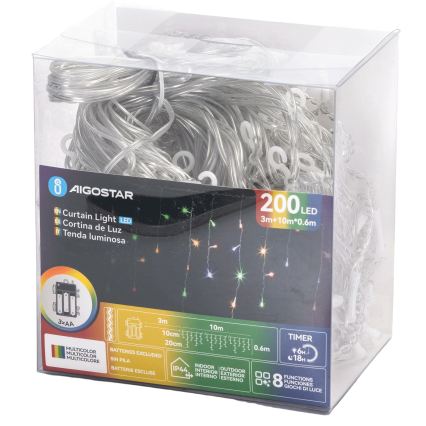 Aigostar - LED āra ziemassvētku virtene 200xLED/8 režīmi 3xAA 13x0,6 m IP44 daudzkrāsaina