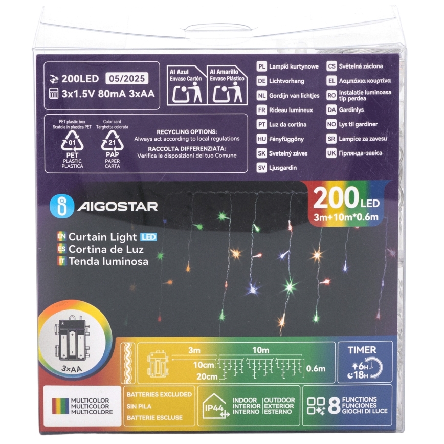 Aigostar - LED āra ziemassvētku virtene 200xLED/8 režīmi 3xAA 13x0,6 m IP44 daudzkrāsaina