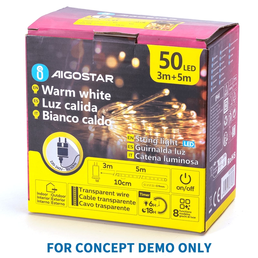 Aigostar - LED āra Ziemassvētku virtene 200xLED/8 režīmi 3xAA 5x2m IP44 silti balta