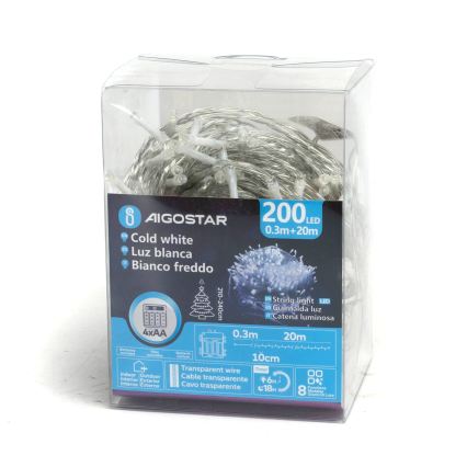 Aigostar - LED āra Ziemassvētku virtene 200xLED/8 režīmi 4xAA 20m IP44 auksti balta