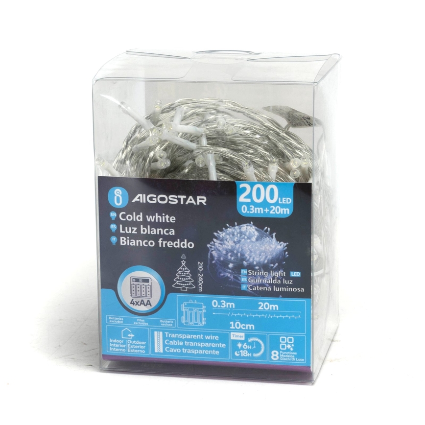 Aigostar - LED āra Ziemassvētku virtene 200xLED/8 režīmi 4xAA 20m IP44 auksti balta