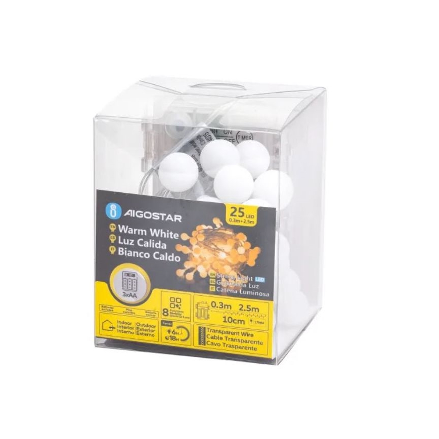 Aigostar-LED Āra ziemassvētku virtene 25xLED/3xAA/8 funkcijas 2,8 m IP44 silti balta