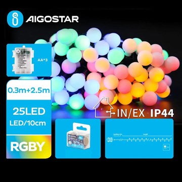 Aigostar - LED āra Ziemassvētku virtene 25xLED/3xAA/8 režīmi 2,8 m IP44 daudzkrāsaina
