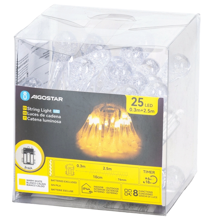 Aigostar - LED āra Ziemassvētku virtene 25xLED/8 režīmi 3xAA 2,5 m IP44 siltā balta pilieni