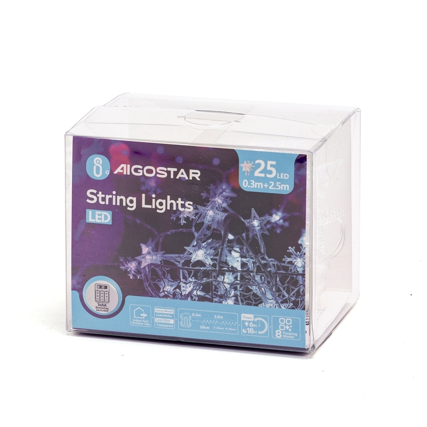 Aigostar - LED āra Ziemassvētku virtene 25xLED/8 funkcijas 3xAA 2,5 m IP44 auksti balta