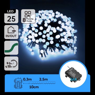 Aigostar - LED āra Ziemassvētku virtene 25xLED/8 režīmi 3xAA 2,8m IP44 auksti balta