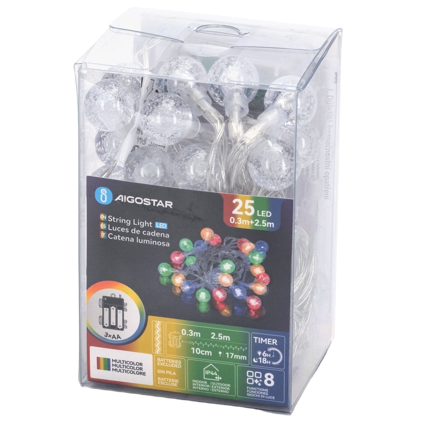 Aigostar - LED āra Ziemassvētku virtene 25xLED/8 režīmi 3xAA 2,8m IP44 daudzkrāsaina