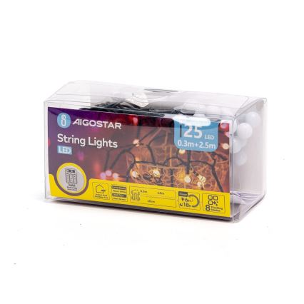 Aigostar - LED āra Ziemassvētku virtene 25xLED/8 režīmi 3xAA 2,8m IP44 siltā balta