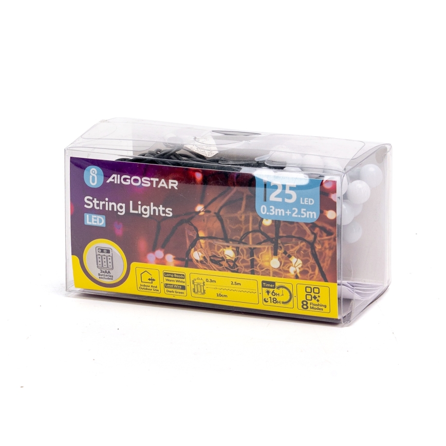Aigostar - LED āra Ziemassvētku virtene 25xLED/8 režīmi 3xAA 2,8m IP44 siltā balta