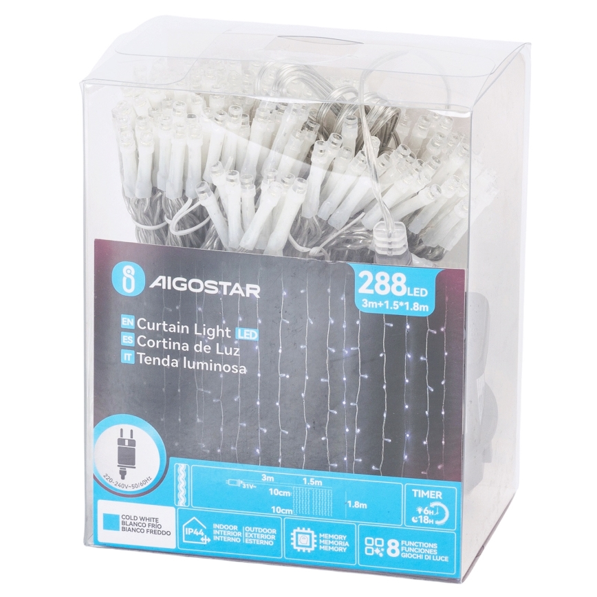 Aigostar - LED āra virtene 288xLED/8 funkcijas 1,5x1,8m IP44 auksti balta