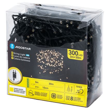 Aigostar - LED āra Ziemassvētku virtene 300 LED/8 funkcijas 30 m IP44 silti balta