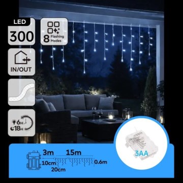 Aigostar - LED āra Ziemassvētku virtene 300 LED/8 funkcijas 3xAA 18x0,6 m IP44 auksti balta