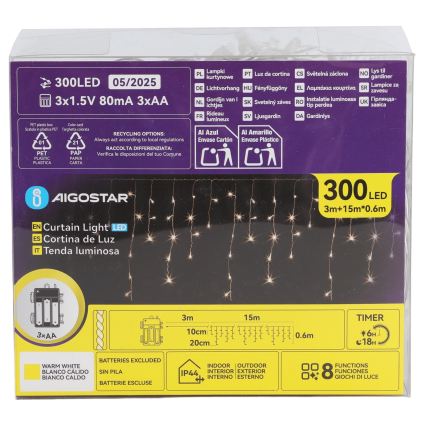Aigostar - LED āra Ziemassvētku virtene, 300 LED, 8 režīmi, 3×AA baterijas, 18×0,6 m, IP44, silti balta