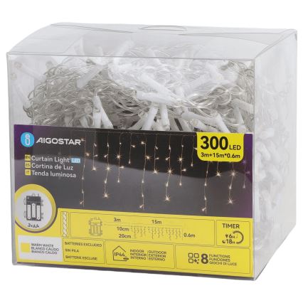 Aigostar - LED āra Ziemassvētku virtene, 300 LED, 8 režīmi, 3×AA baterijas, 18×0,6 m, IP44, silti balta