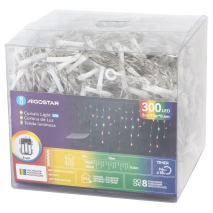 Aigostar - LED āra Ziemassvētku virtene 300xLED/8 režīmi 3xAA 18x0,6 m IP44 daudzkrāsaina