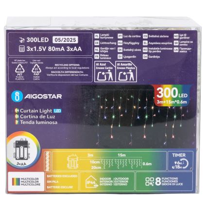 Aigostar - LED āra Ziemassvētku virtene 300xLED/8 režīmi 3xAA 18x0,6 m IP44 daudzkrāsaina