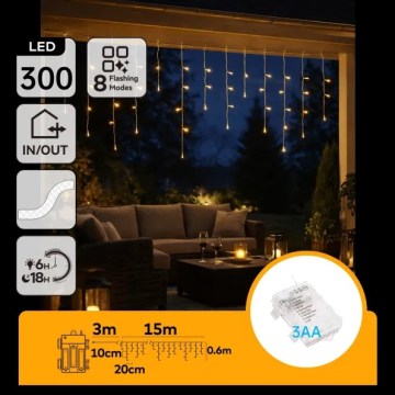 Aigostar - LED āra Ziemassvētku virtene, 300 LED, 8 režīmi, 3×AA baterijas, 18×0,6 m, IP44, silti balta