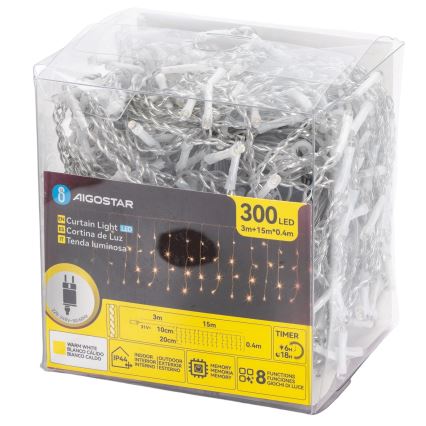Aigostar - LED āra Ziemassvētku gaismas virtene 300xLED/8 režīmi 15x0,4 m IP44 siltā balta