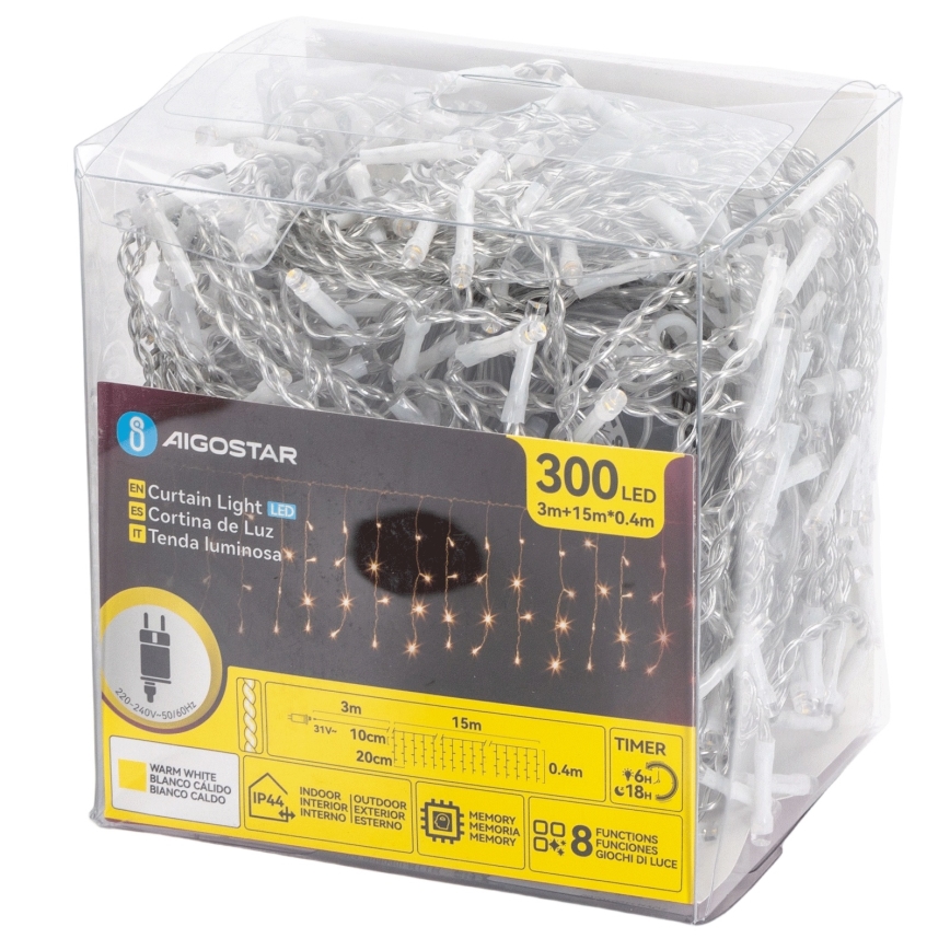 Aigostar - LED āra Ziemassvētku gaismas virtene 300xLED/8 režīmi 15x0,4 m IP44 siltā balta