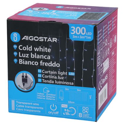 Aigostar - LED āra virtene 300x LED/8 funkcijas 3 x 1 m IP44 auksti balta + tālvadība