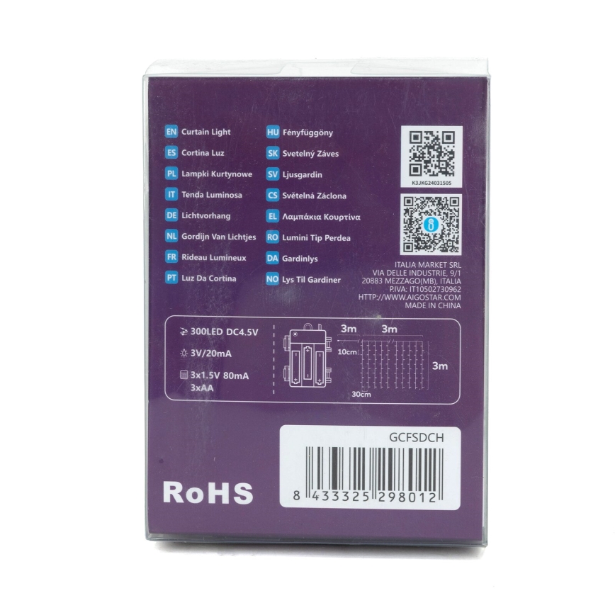 Aigostar - LED āra Ziemassvētku virtene 300xLED/8 režīmi 3xAA 6x2m IP44 auksti balta