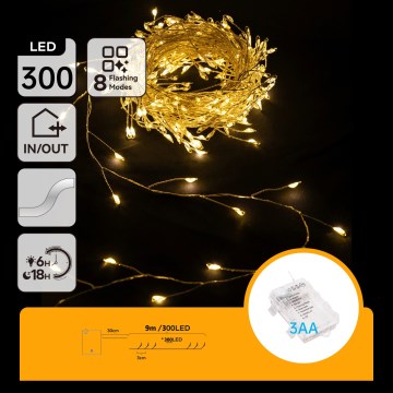Aigostar - LED āra Ziemassvētku virtene 300xLED/8 funkcijas 3xAA 9,3m IP44 siltā balta