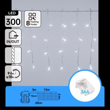 Aigostar - LED āra Ziemassvētku virtene 300xLED/8 režīmi 3xAA 18x0,4m IP44 auksti balta