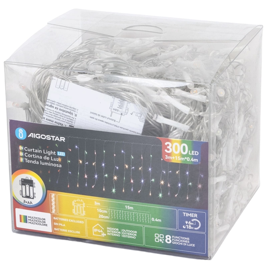 Aigostar - LED āra Ziemassvētku virtene 300xLED/8 režīmi 3xAA 18x0,4m IP44 daudzkrāsains