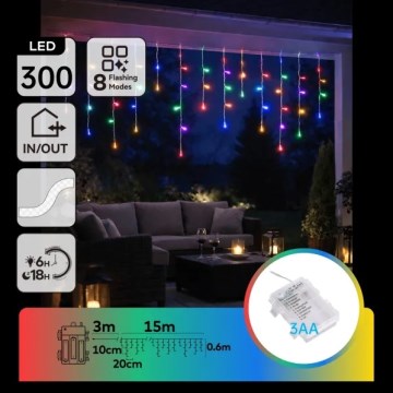 Aigostar - LED āra Ziemassvētku virtene 300xLED/8 režīmi 3xAA 18x0,6 m IP44 daudzkrāsaina