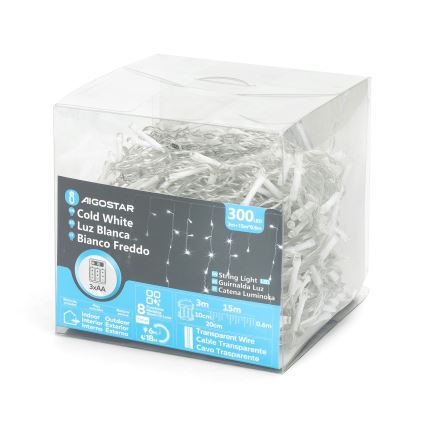 Aigostar - LED āra Ziemassvētku virtene 300 LED/8 funkcijas 3xAA 18x0,6 m IP44 auksti balta