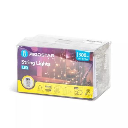 Aigostar - LED āra Ziemassvētku virtene 300xLED/8 režīmi 3xAA 6x3m IP44 siltā balta