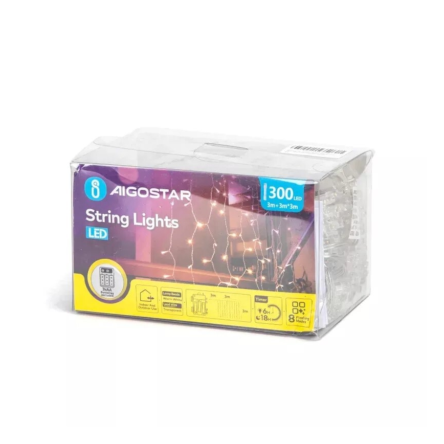 Aigostar - LED āra Ziemassvētku virtene 300xLED/8 režīmi 3xAA 6x3m IP44 siltā balta