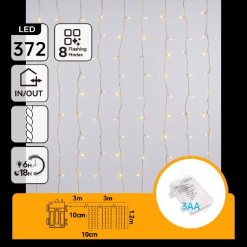 Aigostar - LED āra Ziemassvētku virtene 372xLED/8 režīmi 3xAA 6x1,2m IP44 siltā balta
