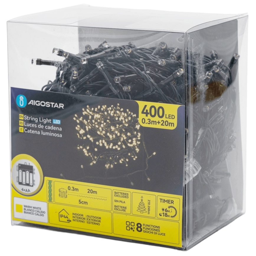 Aigostar - LED āra Ziemassvētku virtene 400xLED/8 režīmi 4xAA 20,3 m IP44 siltā balta