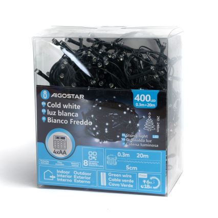 Aigostar - LED āra Ziemassvētku virtene 400 LED / 8 funkcijas 4xAA 20,3 m IP44 auksti balta