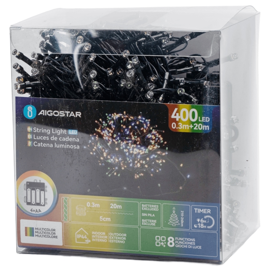 Aigostar - LED āra Ziemassvētku virtene 400xLED/8 funkcijas 4xAA 20,3 m IP44 daudzkrāsaina