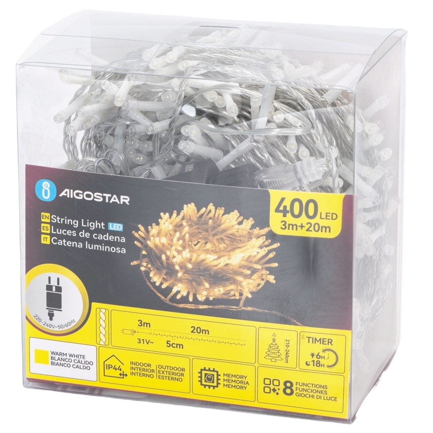 Aigostar - LED āra Ziemassvētku virtene 400xLED/8 funkcijas 20m IP44 siltā balta