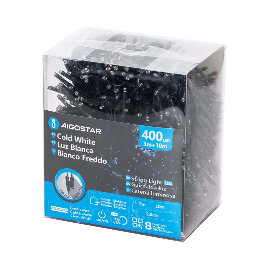 Aigostar - LED āra Ziemassvētku virtene 400xLED/8 funkcijas 13m IP44 auksti balta