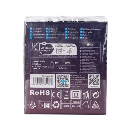 Aigostar - LED āra Ziemassvētku virtene 400xLED/8 funkcijas 13m IP44 auksti balta