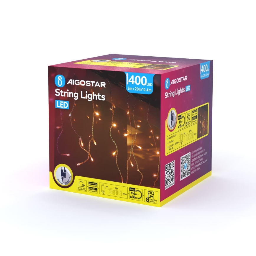 Aigostar - LED āra Ziemassvētku virtene 400xLED/8 funkcijas 23x0,4m IP44 siltā balta