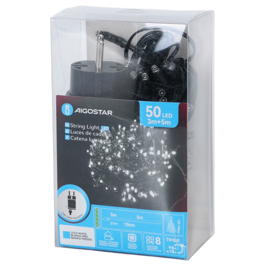 Aigostar - LED āra Ziemassvētku virtene 50 LED/8 režīmi 8 m IP44 auksti balta
