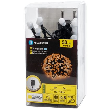 Aigostar - LED āra Ziemassvētku virtene, 50 LED, 8 režīmi, 8 m, IP44, siltā balta